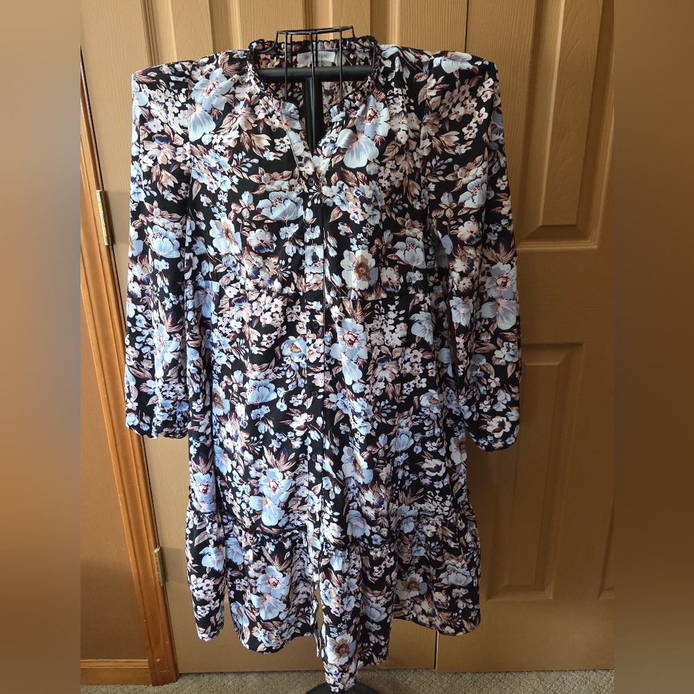 Women's Black Floral Long Sleeve Dress Medium Cottagecore Boho Pockets